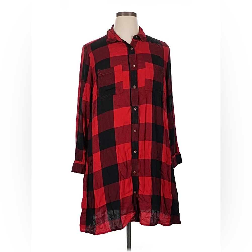 Old Navy Red and Black Buffalo Check Button Down Tunic/Dress Size L
